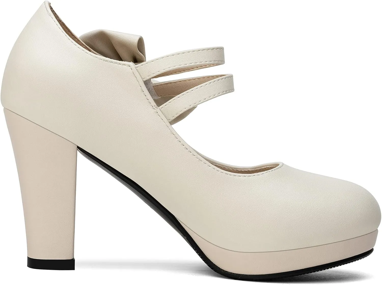 100FIXEO Chic Block High Heel Mary Jane Shoes Women Heels and Pumps Ladies Sweet Ankle Strap Dress Pumps Hook and Loop Bow Heels Closed Toe