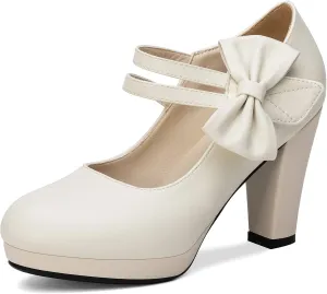 100FIXEO Chic Block High Heel Mary Jane Shoes Women Heels and Pumps Ladies Sweet Ankle Strap Dress Pumps Hook and Loop Bow Heels Closed Toe