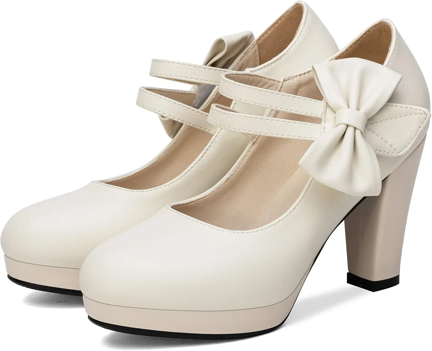 100FIXEO Chic Block High Heel Mary Jane Shoes Women Heels and Pumps Ladies Sweet Ankle Strap Dress Pumps Hook and Loop Bow Heels Closed Toe