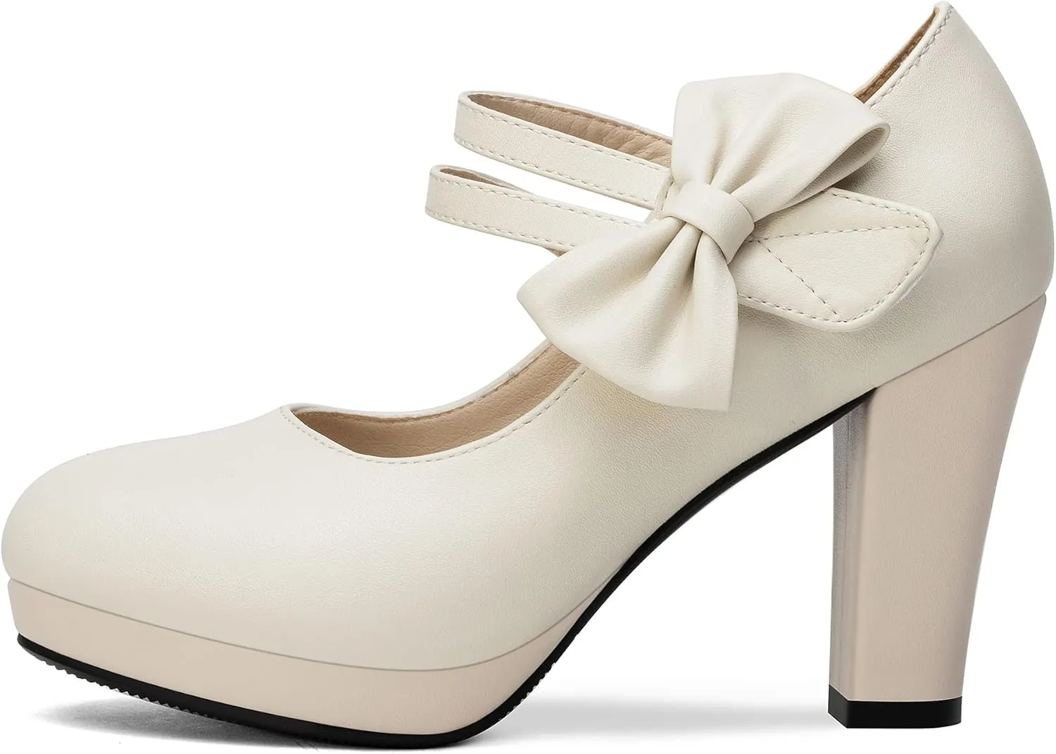 100FIXEO Chic Block High Heel Mary Jane Shoes Women Heels and Pumps Ladies Sweet Ankle Strap Dress Pumps Hook and Loop Bow Heels Closed Toe