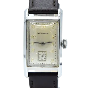 1940s Wittnauer Large steel Rectangular Early moisure resistant Wristwatch with Arabic dial