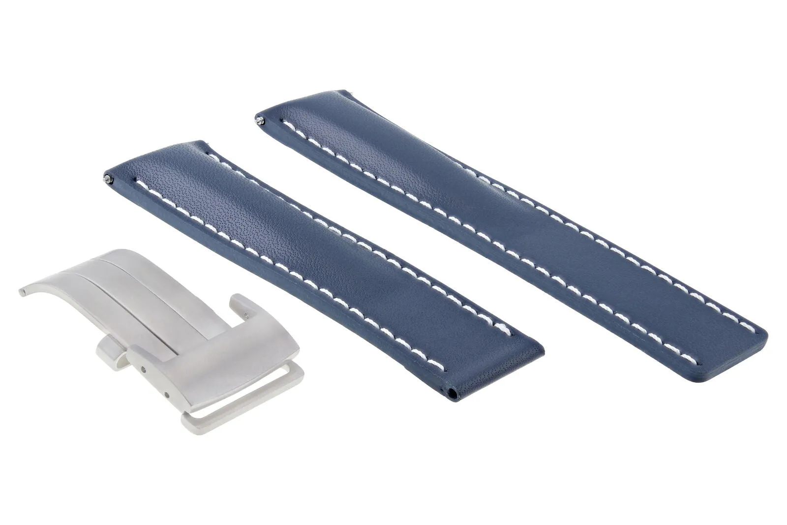 22MM LEATHER STRAP SMOOTH BAND FOR BREITLING   DEPLOYMENT CLASP BLUE BRUSH WS