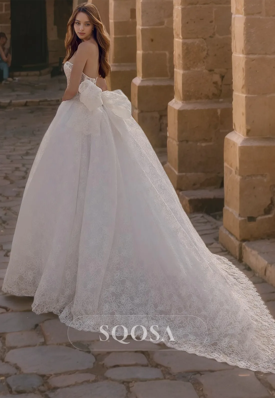 A-Line Sweetheart Sleeveless Allover Lace Train with Bow Detail Wedding Dress