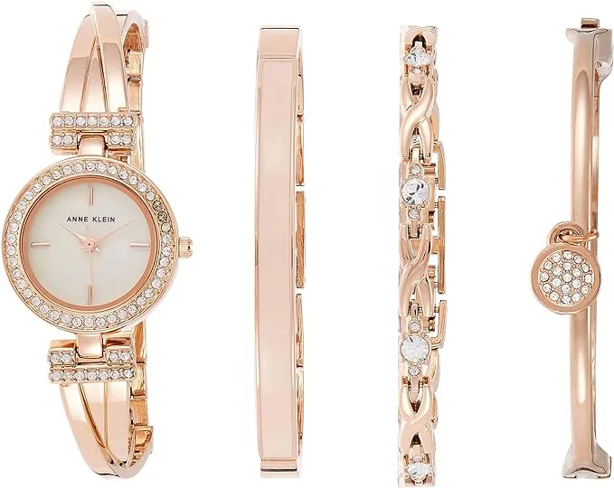 Anne Klein Women's Premium Crystal Accented Bangle Watch and Bracelet Set, AK/2238RGST