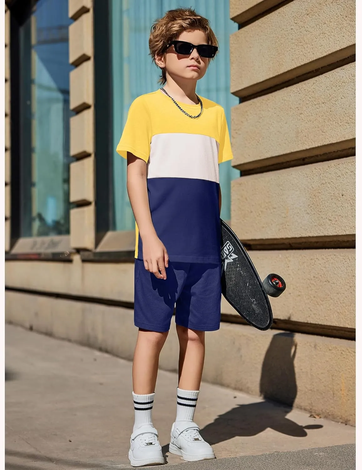 Arshiner Boys' 2-Piece Cotton Outfit Color Block T-Shirt and Shorts Set Casual Summer Clothes for Kids 6-14 Years