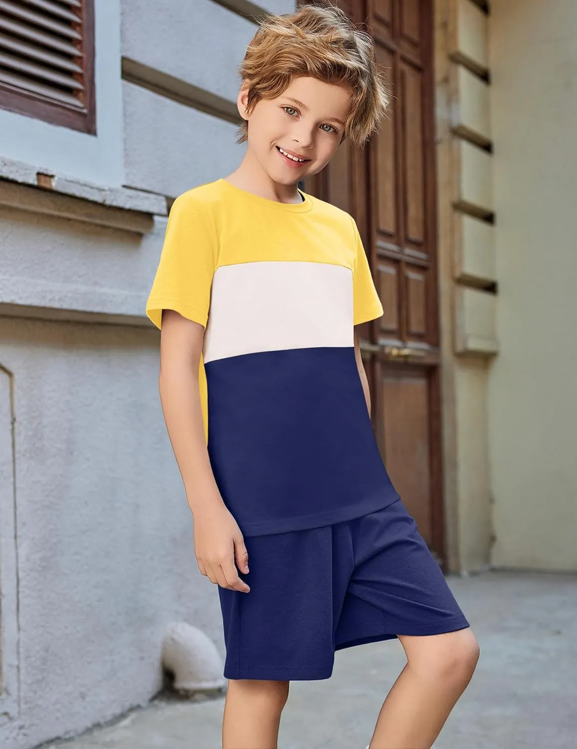 Arshiner Boys' 2-Piece Cotton Outfit Color Block T-Shirt and Shorts Set Casual Summer Clothes for Kids 6-14 Years