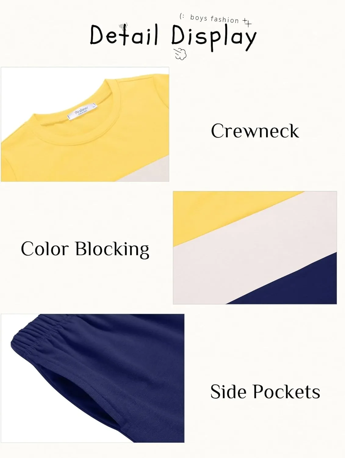 Arshiner Boys' 2-Piece Cotton Outfit Color Block T-Shirt and Shorts Set Casual Summer Clothes for Kids 6-14 Years