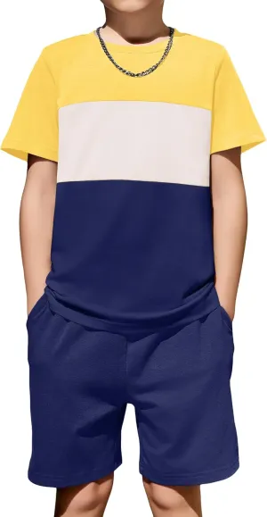 Arshiner Boys' 2-Piece Cotton Outfit Color Block T-Shirt and Shorts Set Casual Summer Clothes for Kids 6-14 Years