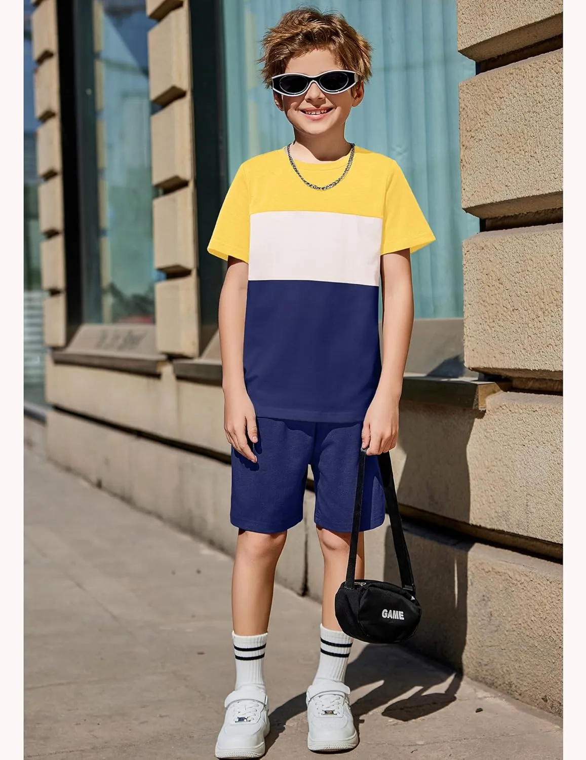 Arshiner Boys' 2-Piece Cotton Outfit Color Block T-Shirt and Shorts Set Casual Summer Clothes for Kids 6-14 Years