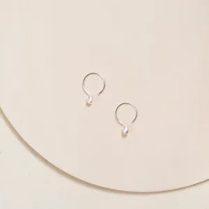 Basic Small Silver Hoop Earrings with Ivory Pearl - 13mm