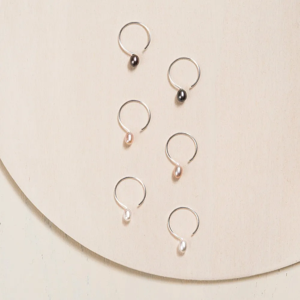 Basic Small Silver Hoop Earrings with Ivory Pearl - 13mm