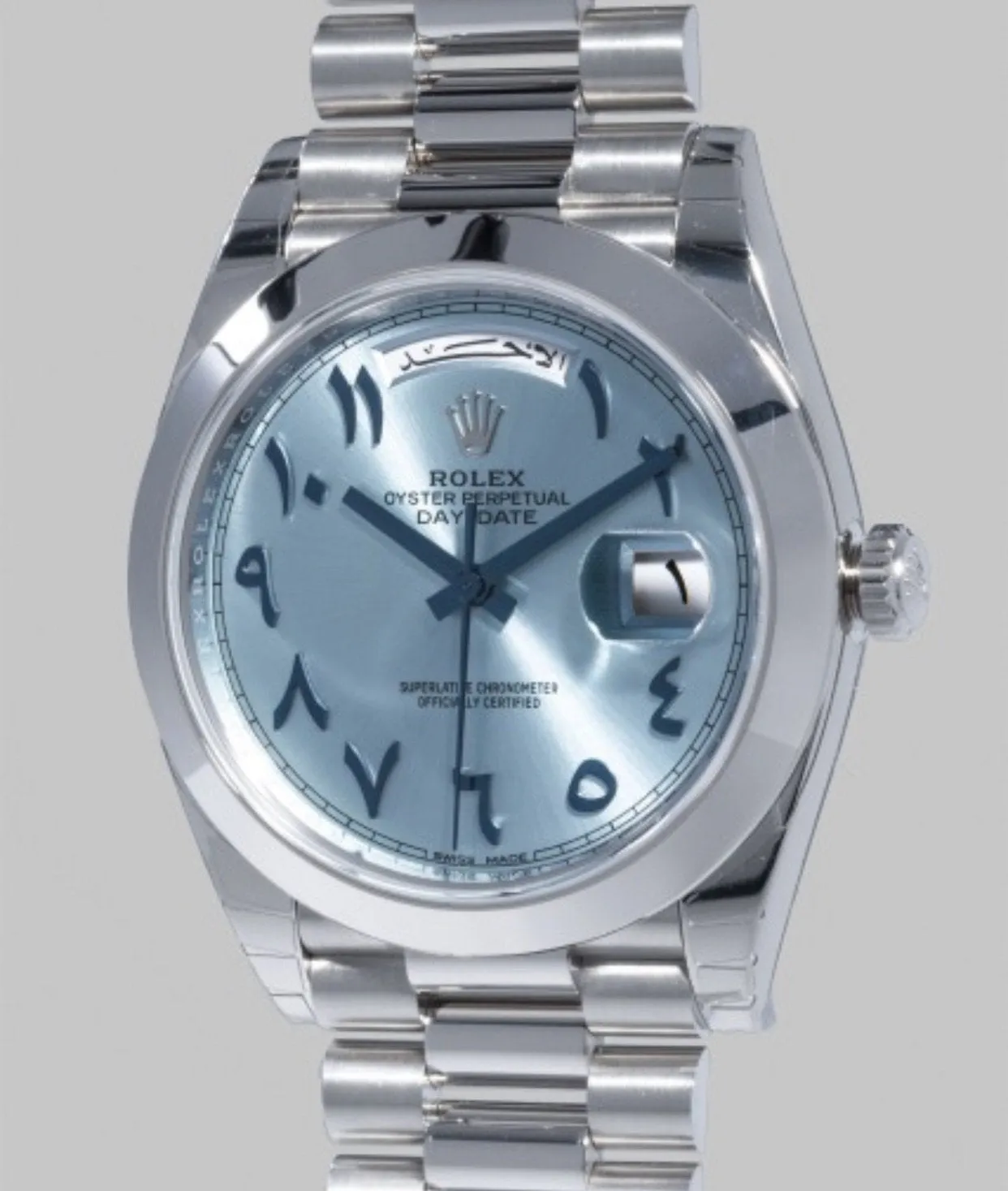 Best Swiss Clone Replica Rolex Day Date 40mm Ice Blue Arabic Dial Platinum Watch