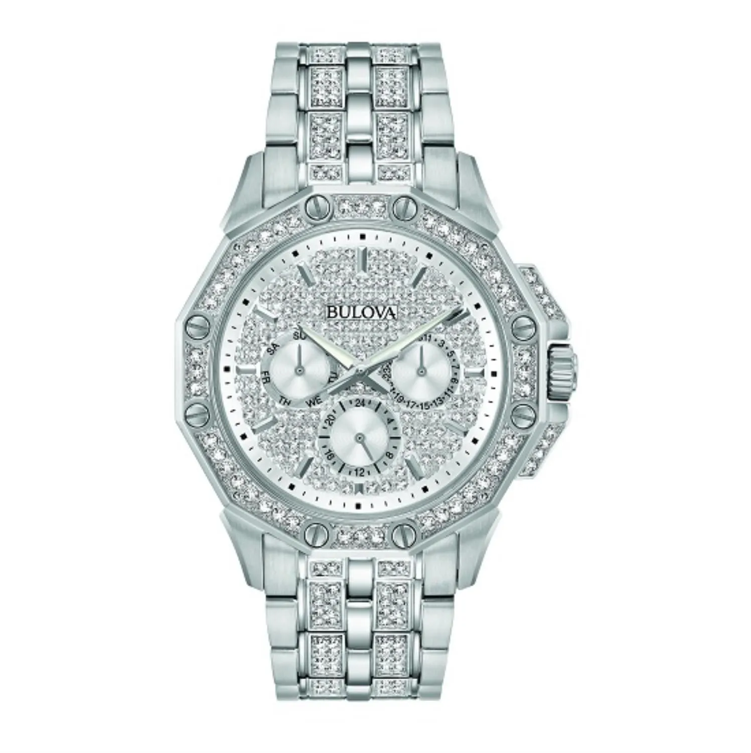 Bulova Crystal Collection Watch with 41MM Silvertone Round Dial and Stainless Steel Bracelet. 96C134
