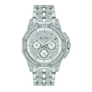 Bulova Crystal Collection Watch with 41MM Silvertone Round Dial and Stainless Steel Bracelet. 96C134