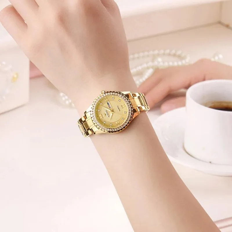 Classic Luxury Style Rhinestone Encrusted Stainless Steel Quartz Watches