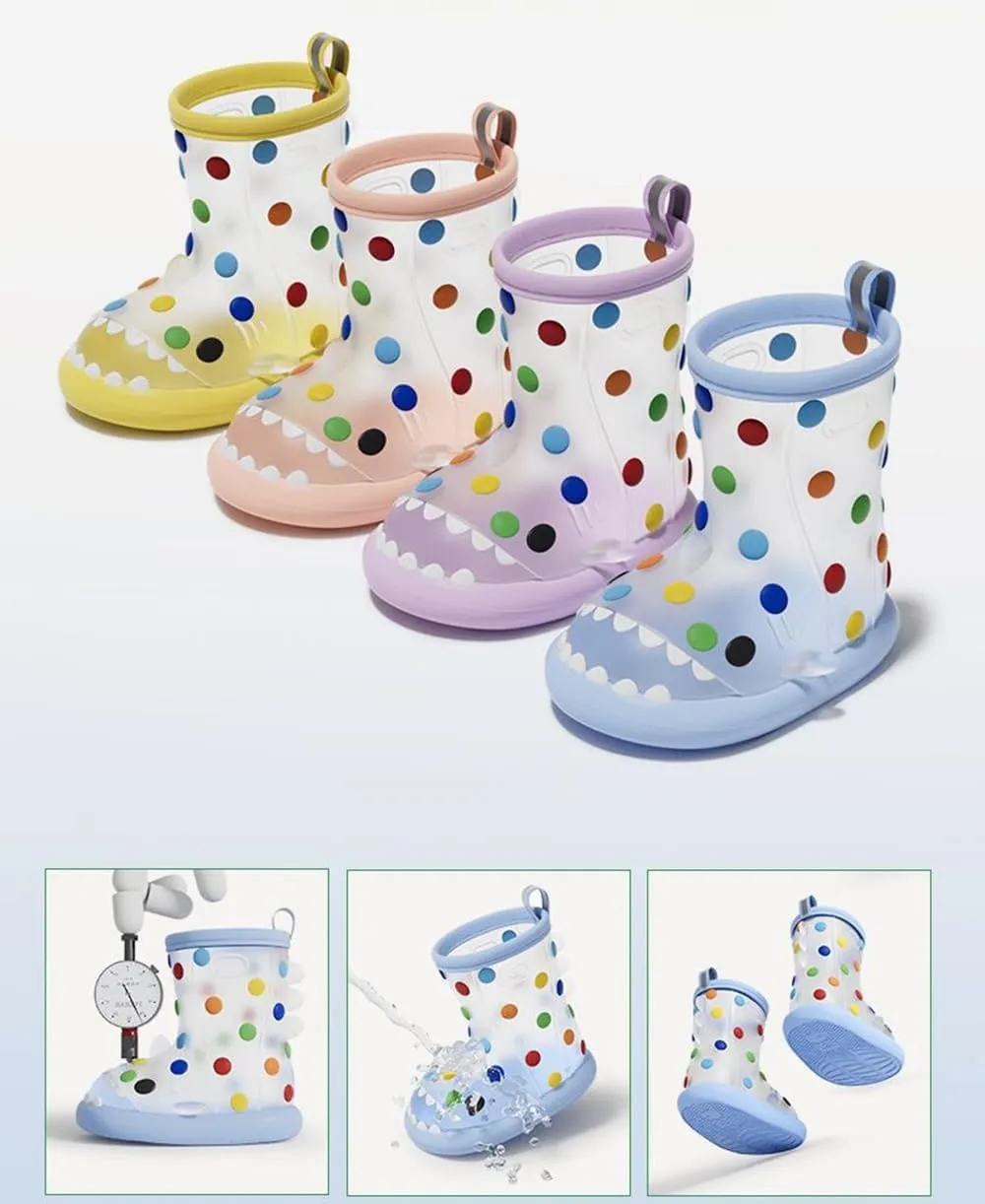 Colorful Dot Children's Rain Shoes, Transparent Shark, Anti-Slip, Cute Water Shoes for Boys and Girls