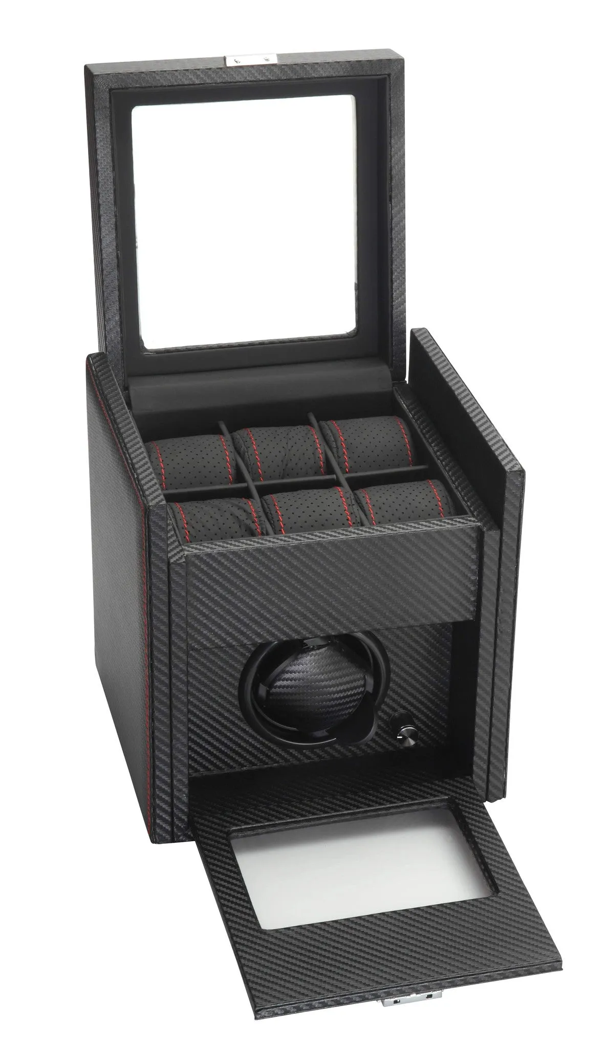 Diplomat Black Carbon Fiber Pattern Single Watch Winder & 6 Watch Additional Storage