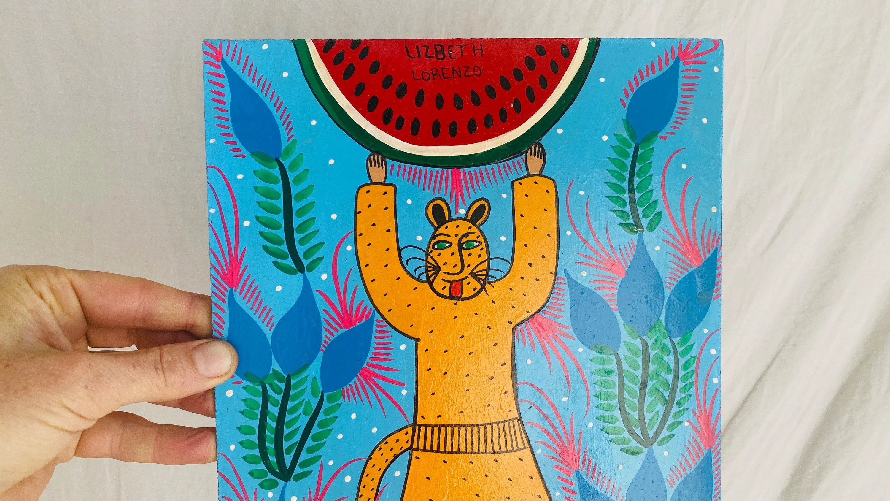 Folk Art Painting by the Lorenzo Family. Mexico. Jaguar and Watermelon.