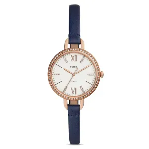 Fossil Annette Womens Navy Leather Band Silver Three-Hand Quartz Dial Watch - ES4403
