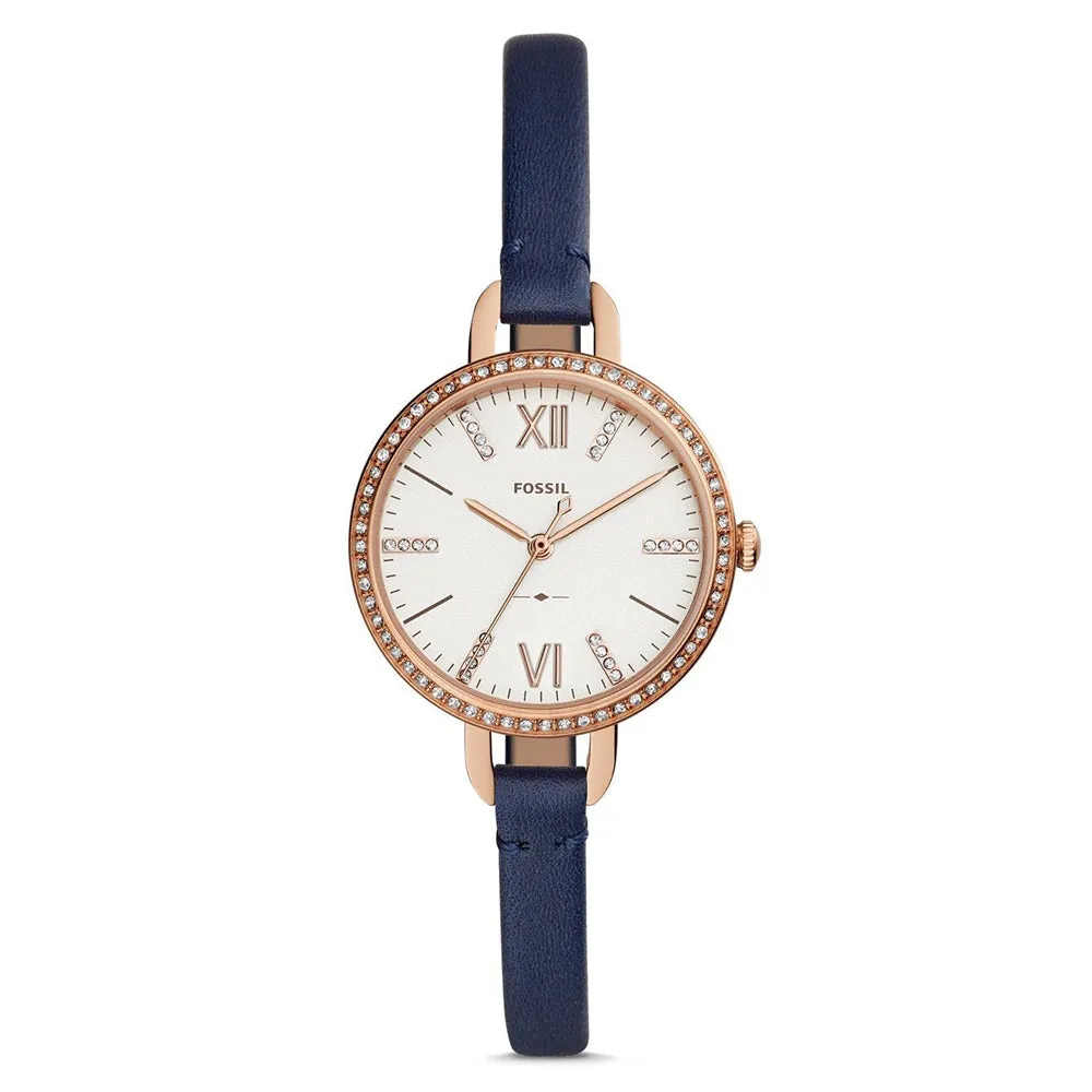 Fossil Annette Womens Navy Leather Band Silver Three-Hand Quartz Dial Watch - ES4403