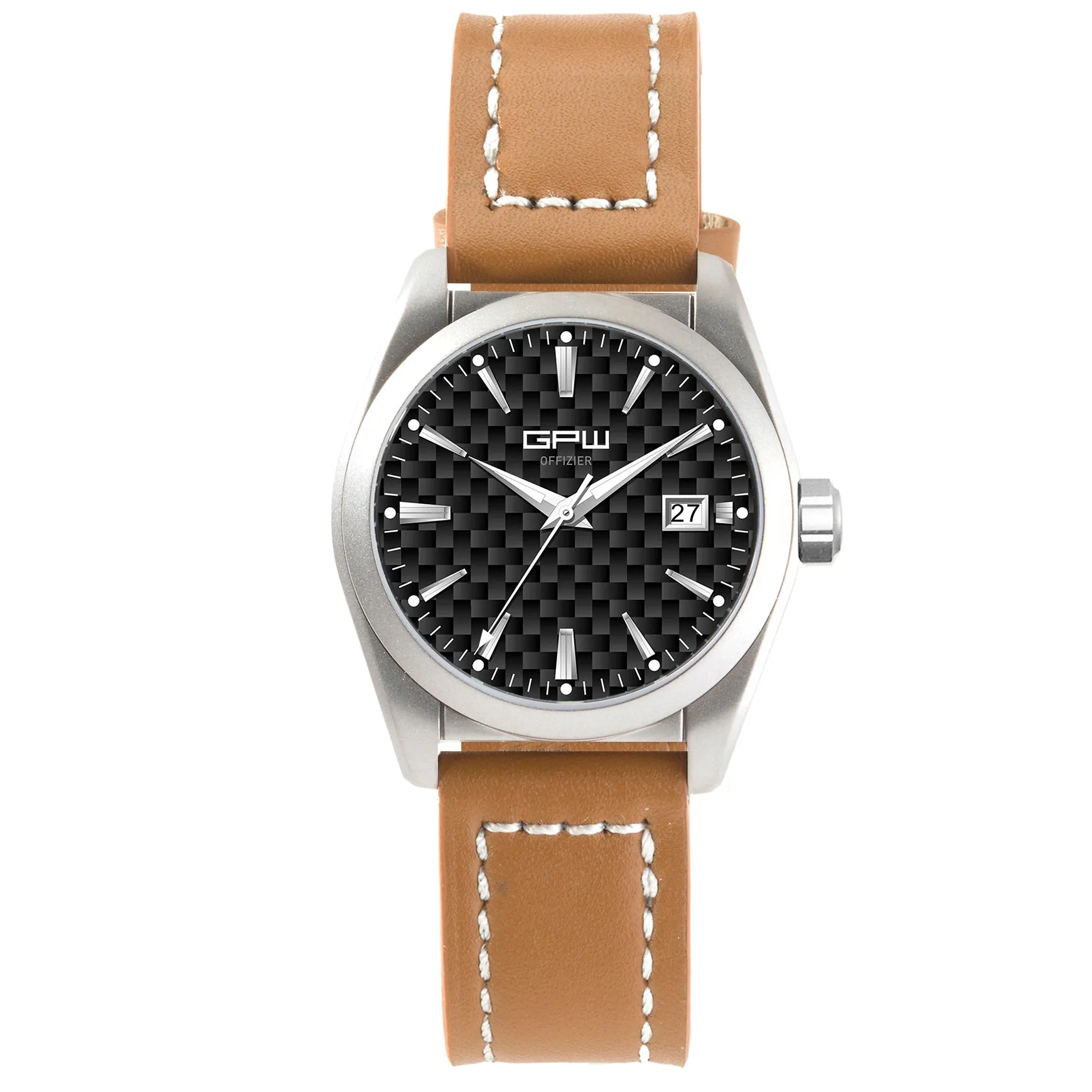 German Military Titanium Watch. GPW Offizier Automatic. 200M W/R. Sapphire Crystal. Brown Leatherstrap with white stitching.