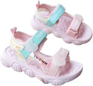 Girls' 2025 Summer Casual Sandals with Cushioned Sole, Breathable Cloth Upper & Adjustable Straps, Cartoon Pattern Beach Shoes for Kids