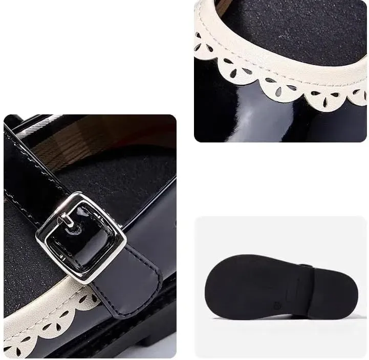 Girls Patent Leather Mary Jane Shoes, Black with Scalloped Trim, Buckle Strap