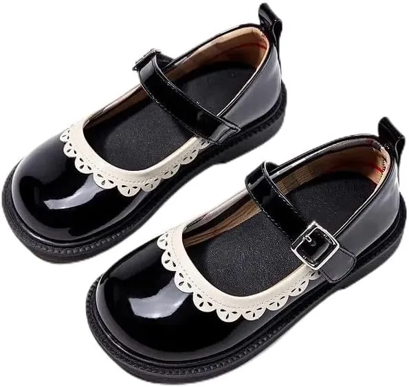 Girls Patent Leather Mary Jane Shoes, Black with Scalloped Trim, Buckle Strap