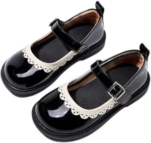 Girls Patent Leather Mary Jane Shoes, Black with Scalloped Trim, Buckle Strap