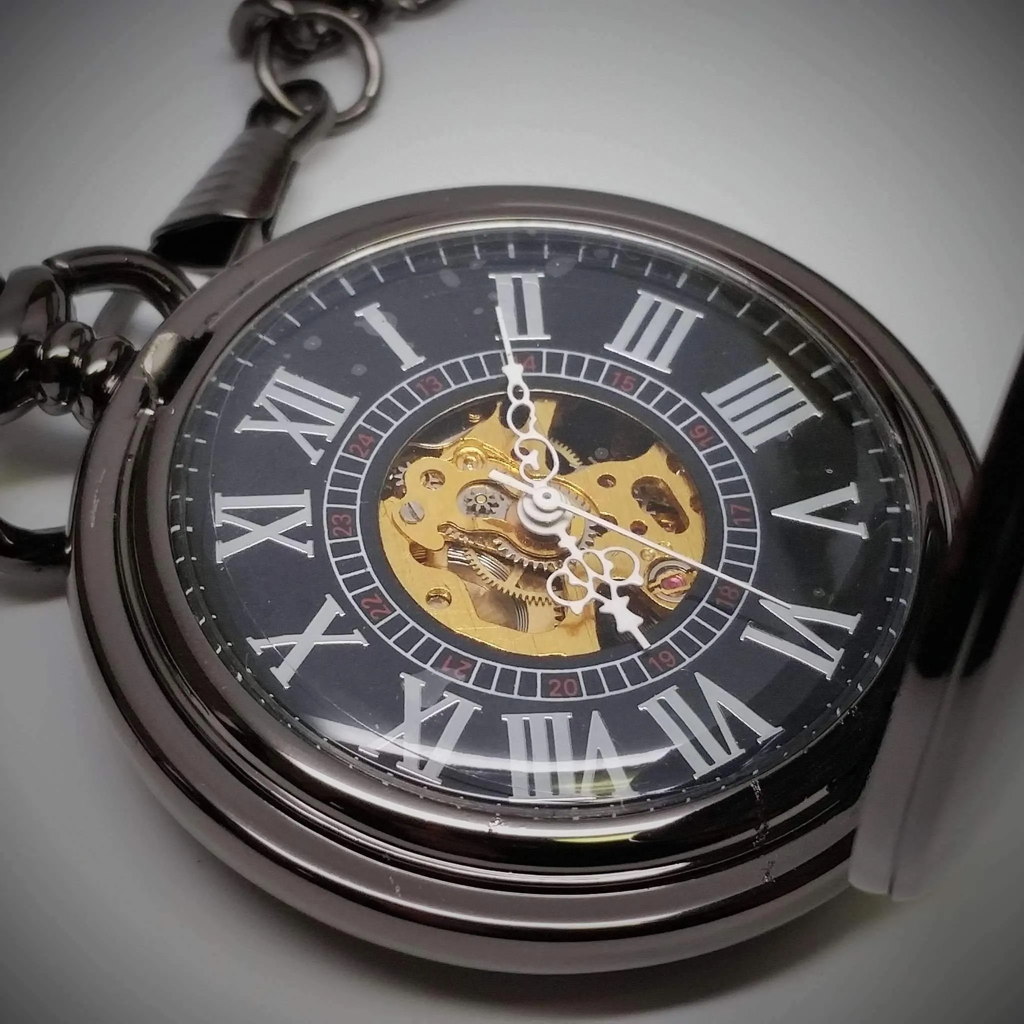 Gunmetal Antique Style Skeleton Movement Pocket Watch