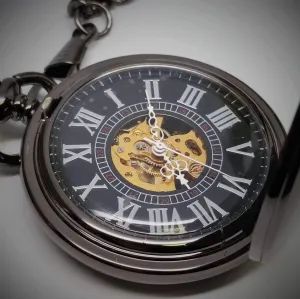 Gunmetal Antique Style Skeleton Movement Pocket Watch