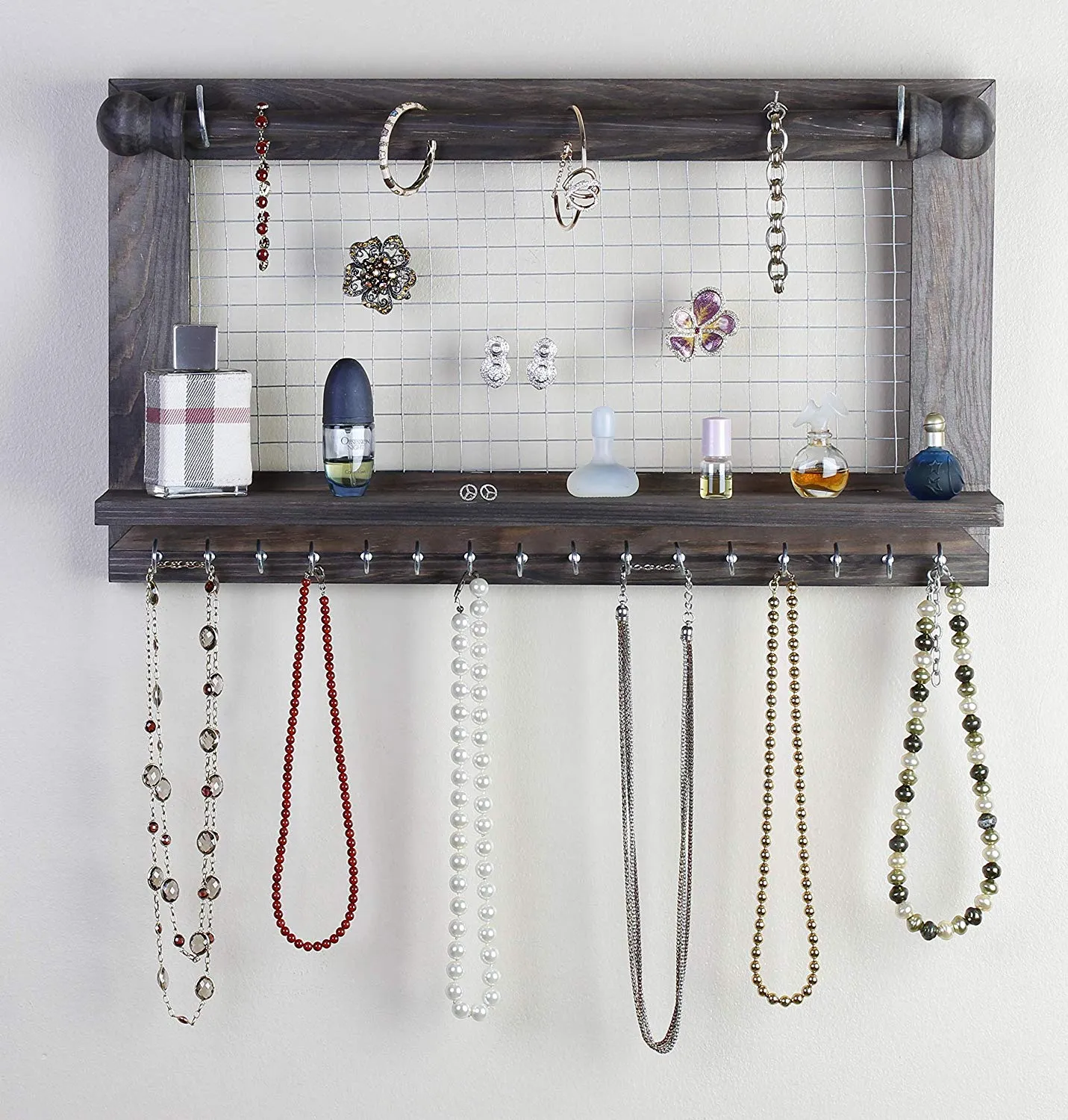 Hanging Jewelry Organizer | Wall Mounted Wooden Holder for Necklace, Earrings, Bracelets, Rings & Other Accessories | With Hooks, Shelf, Wire Grid & Removable Bar | 17.5" x 10" Size | Rustic Brown