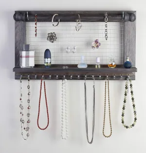 Hanging Jewelry Organizer | Wall Mounted Wooden Holder for Necklace, Earrings, Bracelets, Rings & Other Accessories | With Hooks, Shelf, Wire Grid & Removable Bar | 17.5" x 10" Size | Rustic Brown
