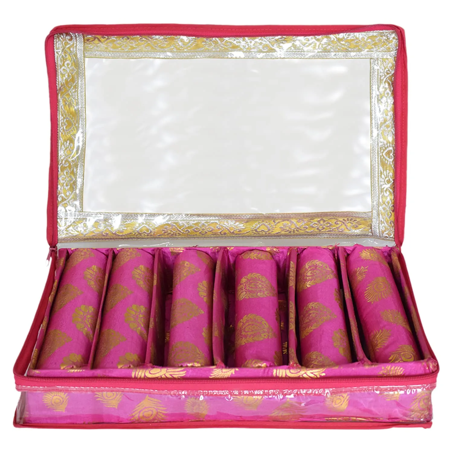 Heart Home Multipurpose Feather Design Laminated 6 Rod Bangle Box/Organizer/Case With Tranasparent Top (Pink)-47HH0237