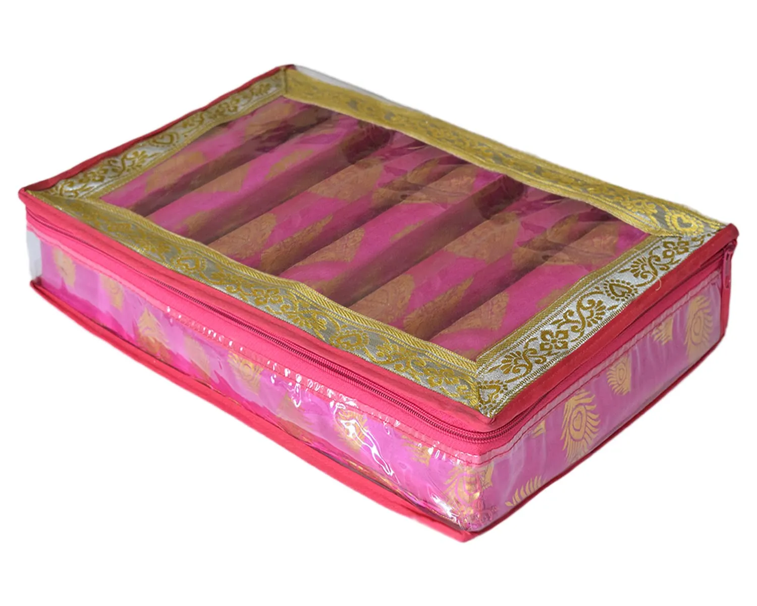 Heart Home Multipurpose Feather Design Laminated 6 Rod Bangle Box/Organizer/Case With Tranasparent Top (Pink)-47HH0237