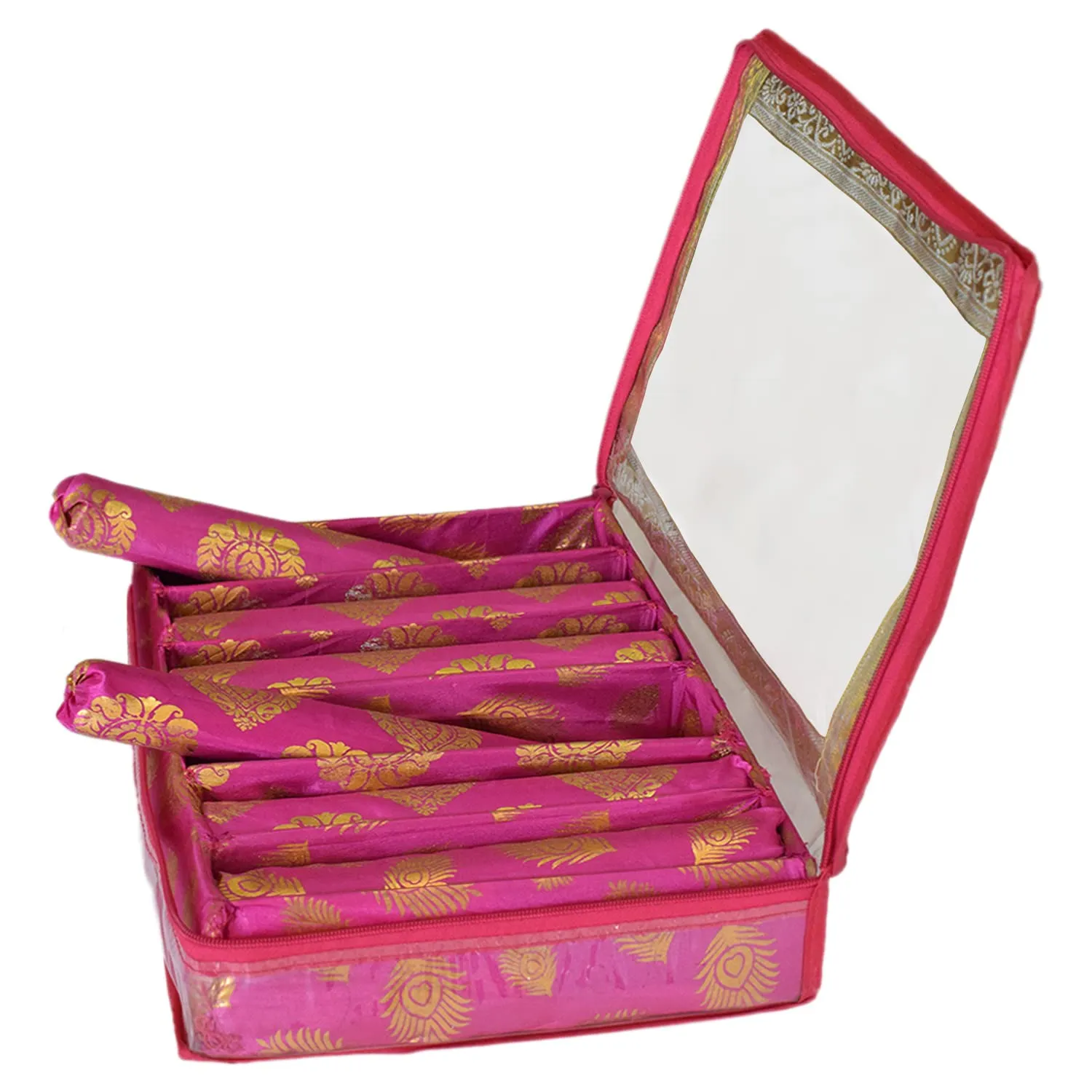 Heart Home Multipurpose Feather Design Laminated 6 Rod Bangle Box/Organizer/Case With Tranasparent Top (Pink)-47HH0237