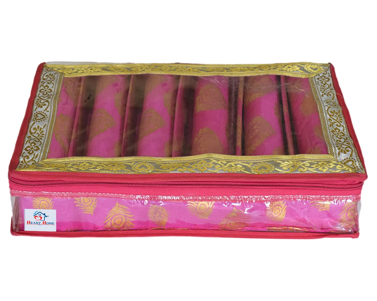 Heart Home Multipurpose Feather Design Laminated 6 Rod Bangle Box/Organizer/Case With Tranasparent Top (Pink)-47HH0237