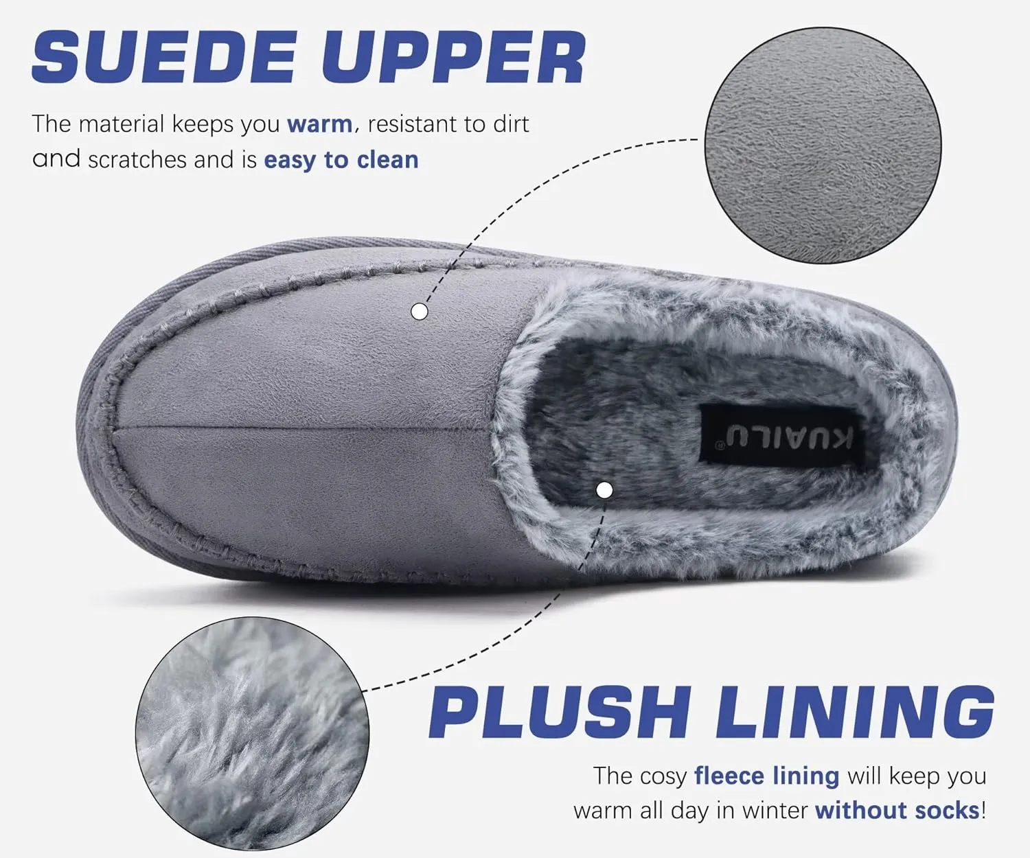KuaiLu Mens Clog Slippers with Arch Support Suede Faux Fur Memory Foam Warm House Shoes Comfortable Slip-on Mans Bedroom Indoor Outdoor Slippers Rubber Sole Size 7-16
