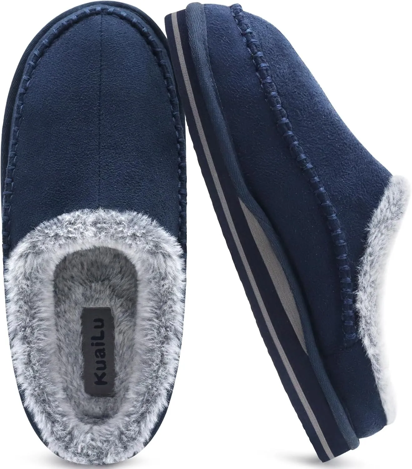 KuaiLu Mens Clog Slippers with Arch Support Suede Faux Fur Memory Foam Warm House Shoes Comfortable Slip-on Mans Bedroom Indoor Outdoor Slippers Rubber Sole Size 7-16