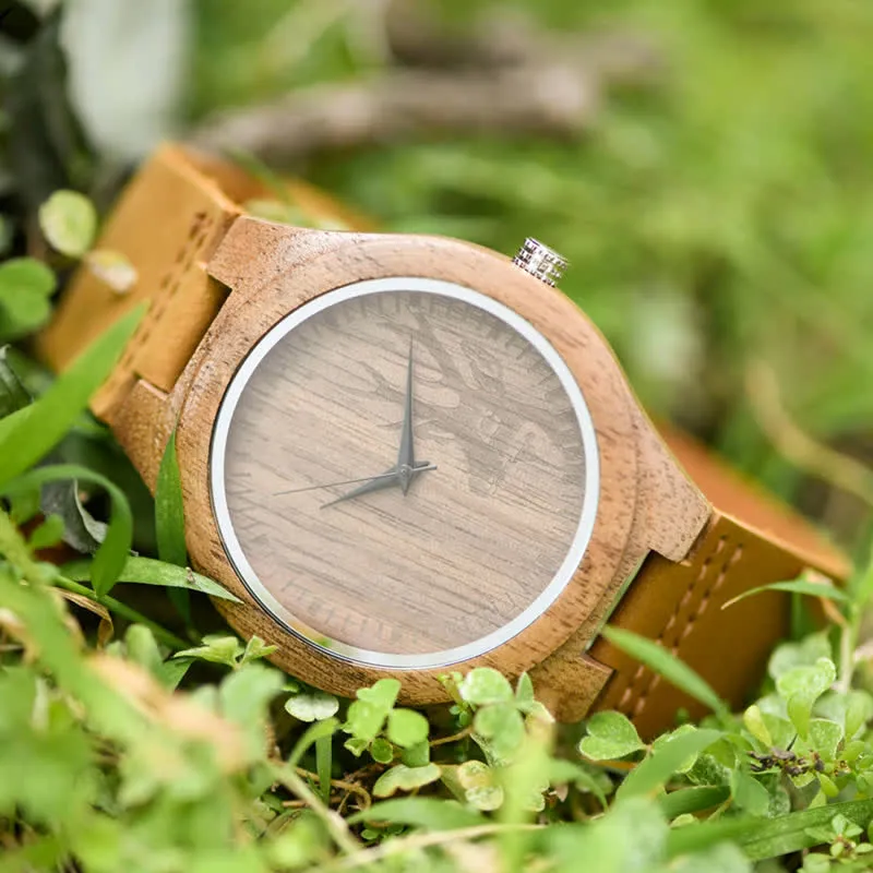Men's Retro Carved Deer Dial Bamboo Wooden Watch