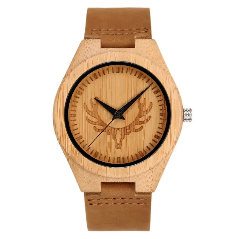 Men's Retro Carved Deer Dial Bamboo Wooden Watch