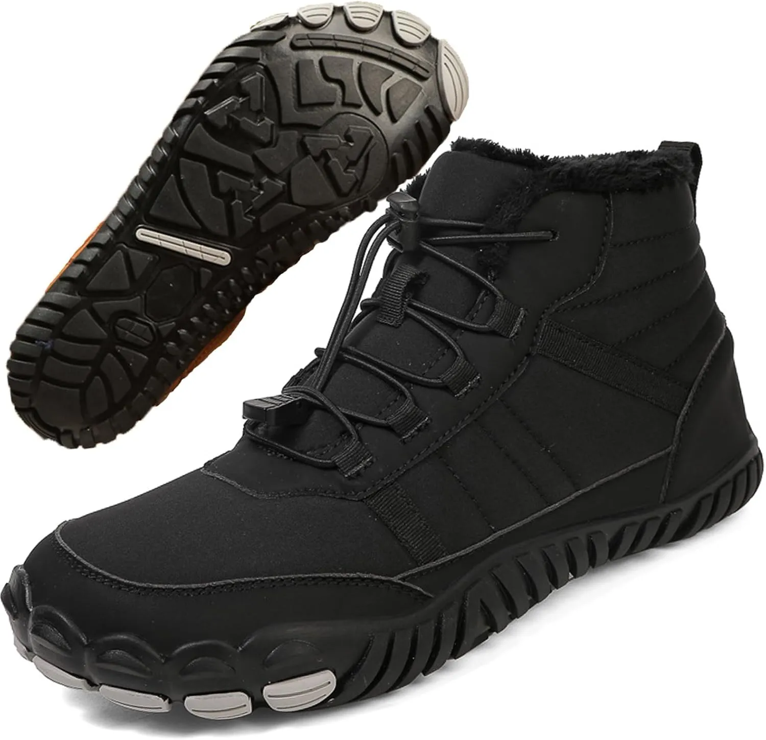 Men's Winter Wide Toe Box Barefoot Shoes Zero Drop Sole Fur Lined Snow Boots Waterproof High top Warm Trail Running Hiking Sneakers