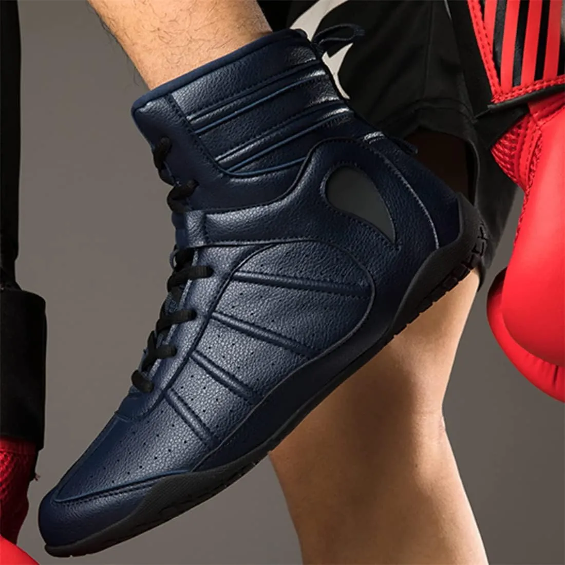 Men's Wrestling Shoe, Extra Wide Bodybuilding Weightlifting Wrestling Shoes Breathable Kickboxing Sparring Trainers Leather Boxing Boots for Boy Youth