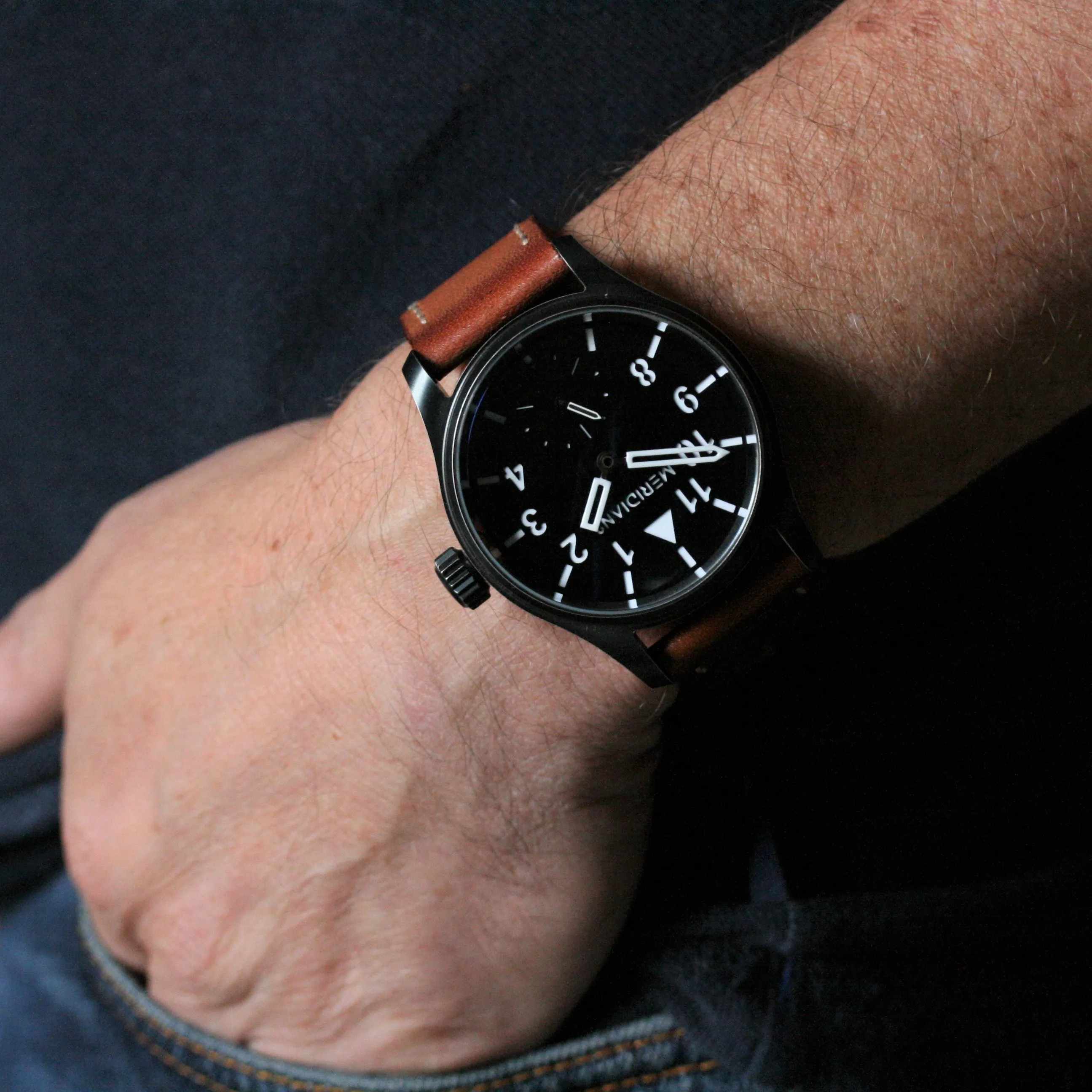 MERIDIAN Antique Finish Wristwatch with Brown Leather strap & Black Dial