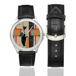 Mid Mod Time Pieces, Groovy Retro Women's Black Leather Watches