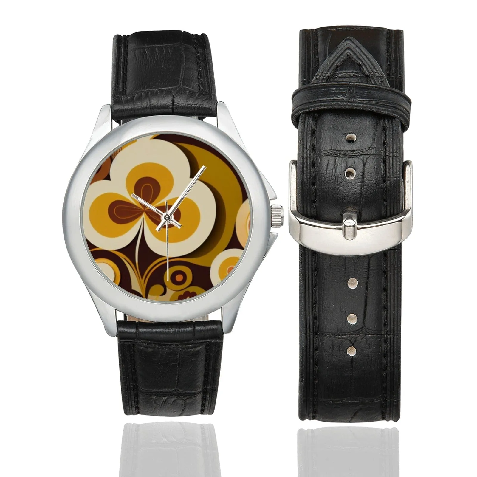 Mid Mod Time Pieces, Groovy Retro Women's Black Leather Watches