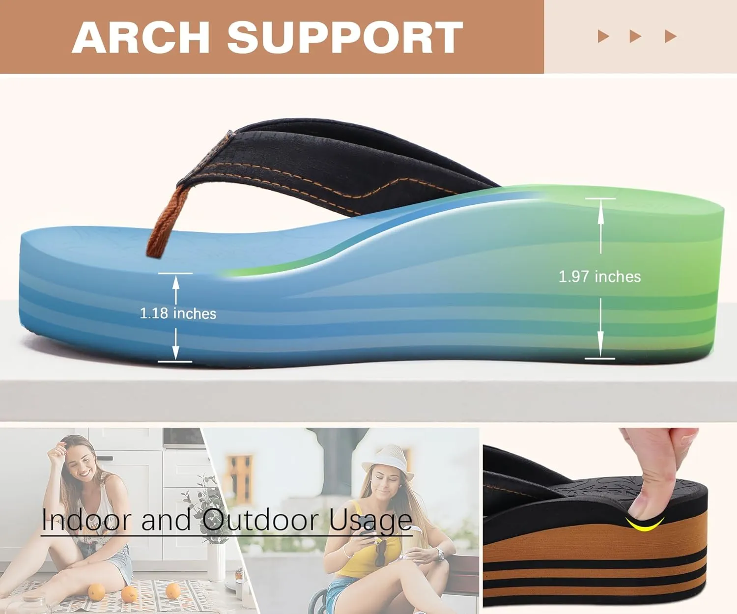 ONCAI Womens Platform Flip Flops Trendy Dressy Womans Summer Sandals with Comfortable Flatform Arch Support Walking Outdoor Rubber Soles (US Size 5-11)