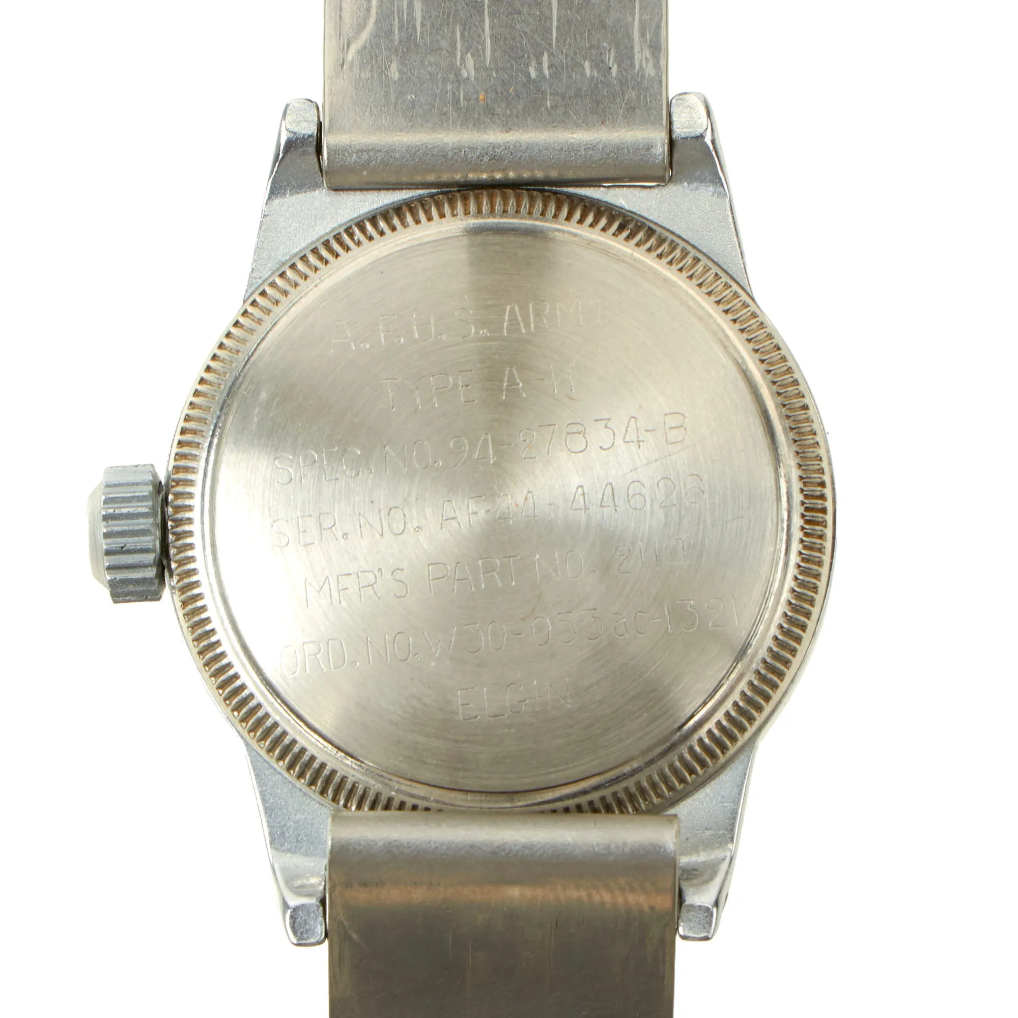 Original U.S. WWII New Old Stock Type A-11 USAAF Wrist Watch by Elgin With Original Aluminum Watch Band by Berkeley - Serial # Y643276 (1945)