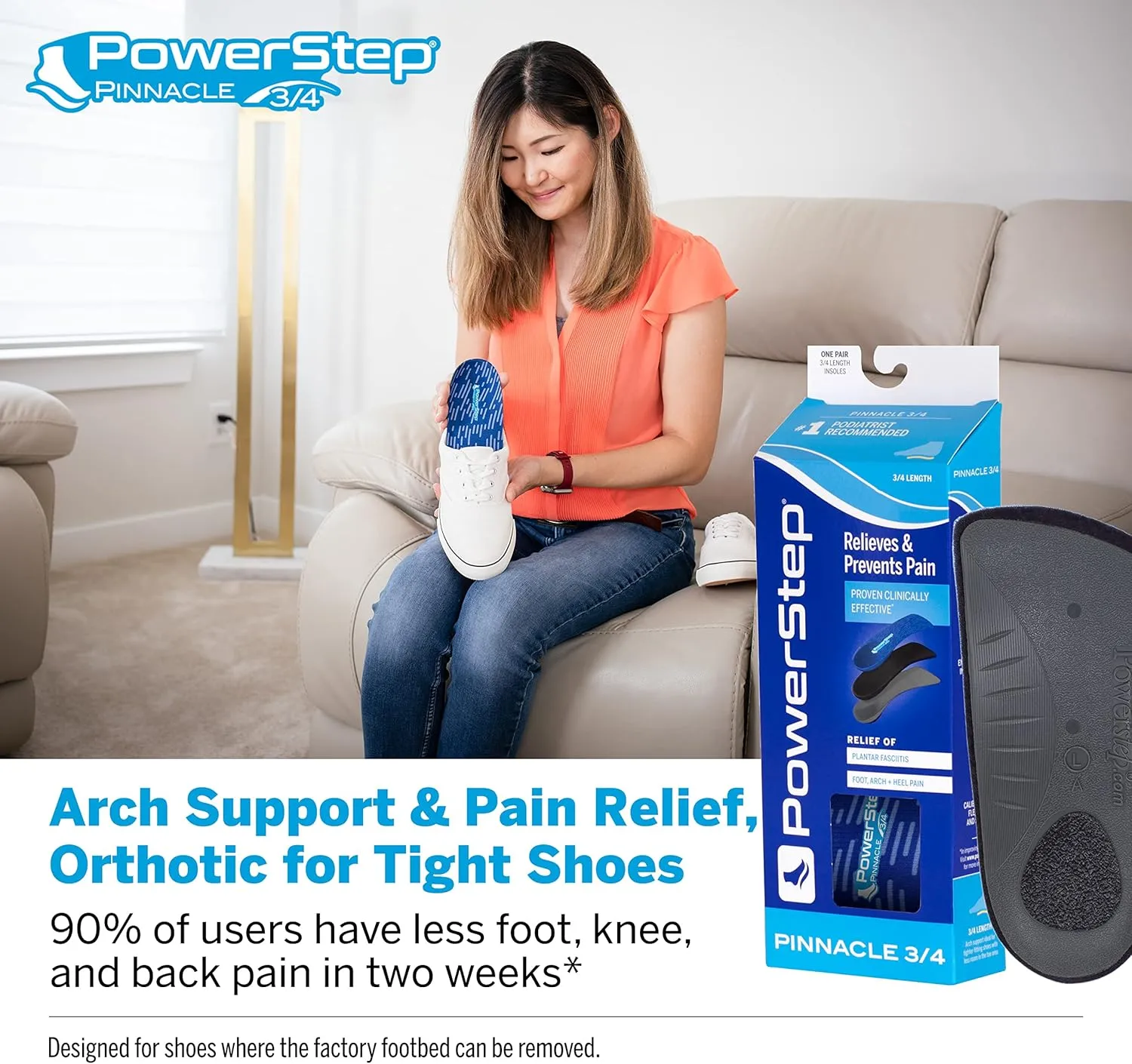 PowerStep Insoles, Pinnacle 3/4 Thin, Arch Pain Relief Insole, For Tight Shoes, Arch Support Orthotic For Men's 5-6.5 / Women's 7-8.5