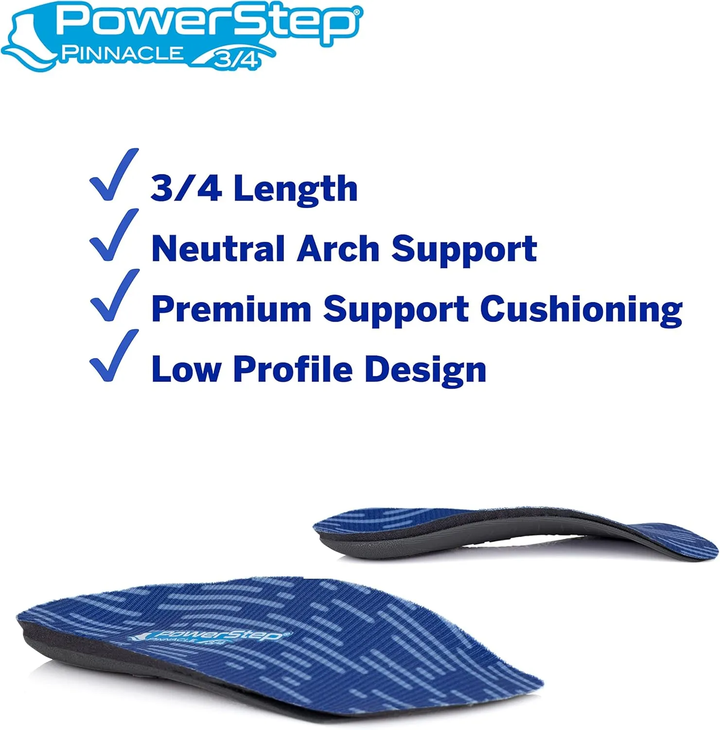 PowerStep Insoles, Pinnacle 3/4 Thin, Arch Pain Relief Insole, For Tight Shoes, Arch Support Orthotic For Men's 5-6.5 / Women's 7-8.5